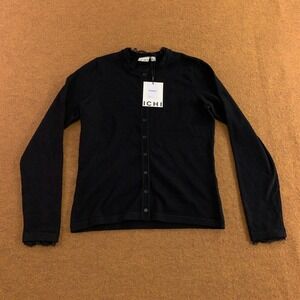 ICHI Women Small Black Lace Trim Button Front Knit Cardigan Sweater NWT